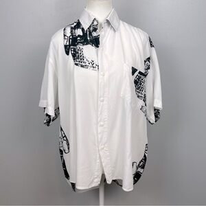 Animale by Jacques Ruc black white tribal mask print button front shirt, medium.